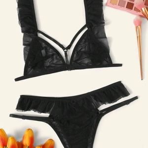 Ruffle Trim Mesh Harness Lingerie Set